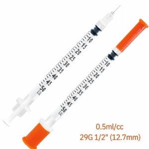29G 0.5mL 1/2-inch (12.7mm) 100-count product dimensions; edited logo-free orange reference