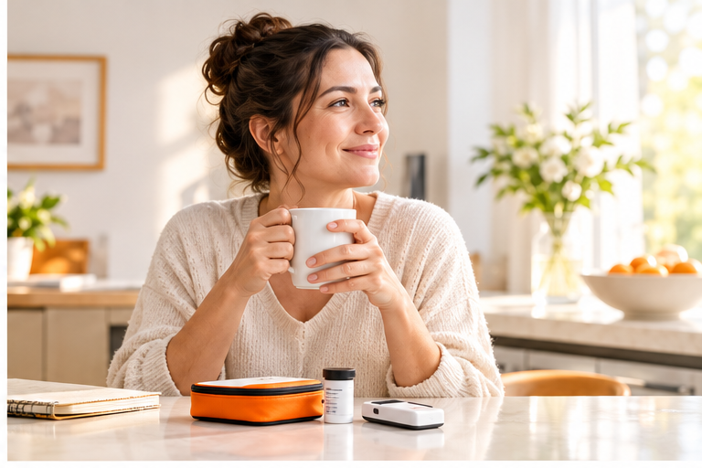 Woman enjoying a quiet morning with a coffee mug in a sunlit home kitchen