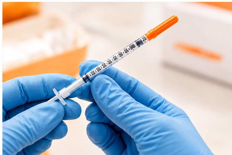 Close-up visual reference of an orange-capped syringe held with blue gloves